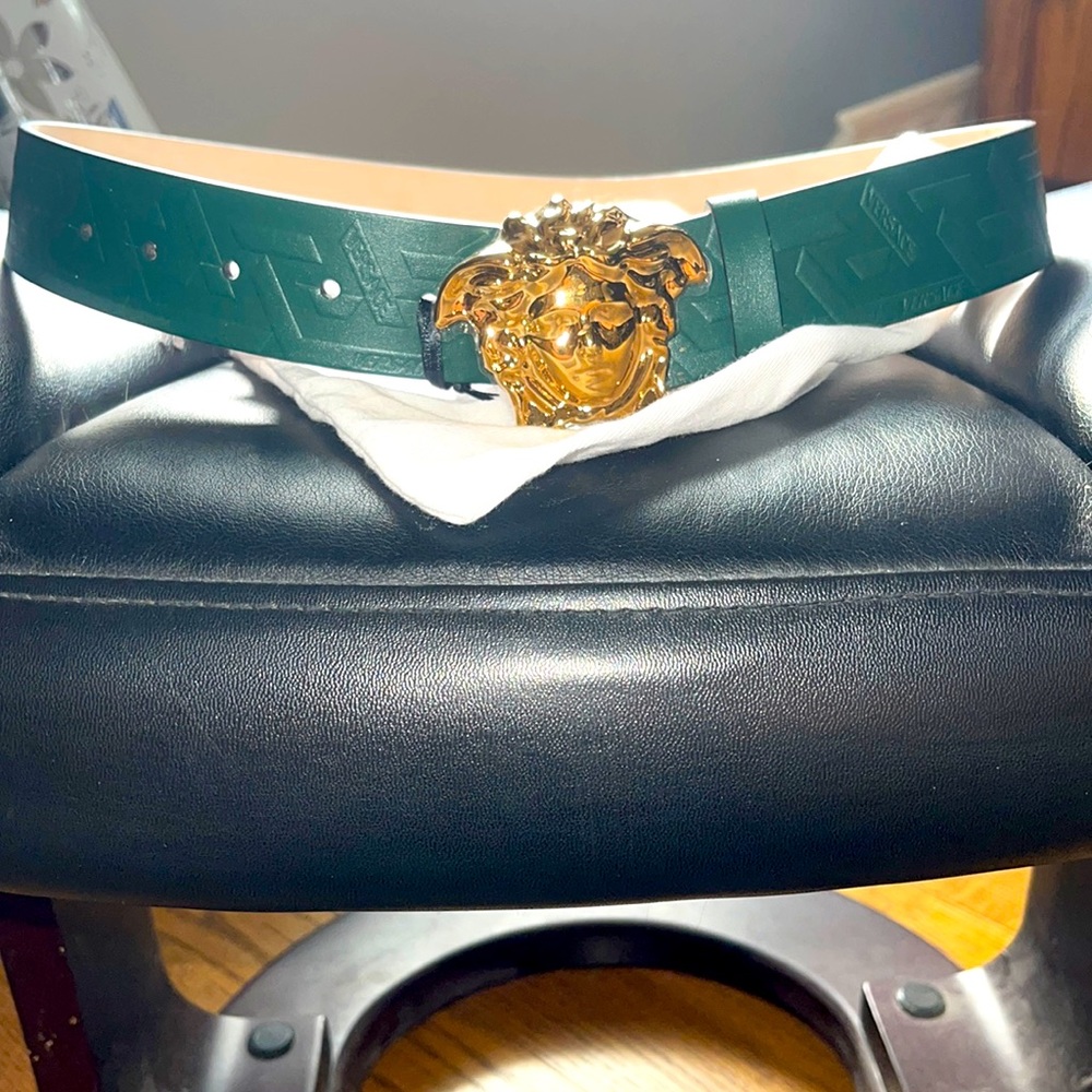 Versace Medusa Green logo leather belt